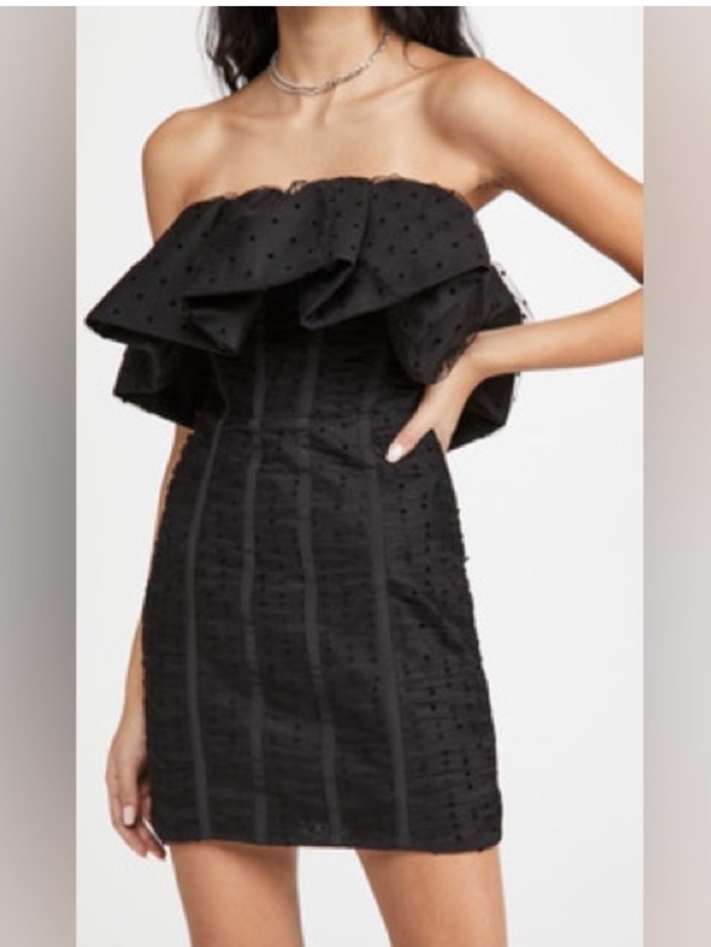 Self-Portrait Black Strapless Dot-Trim Peplum Dress